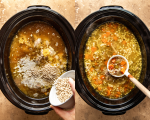 Side-by-side image of adding pearl couscous and lemon to soup then letting soup cook for 20-30 more minutes until couscous is done.