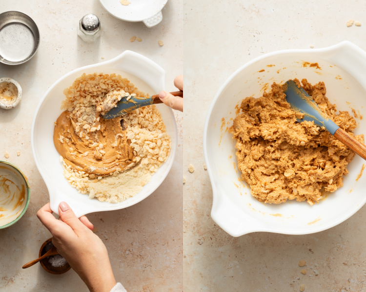Side-by-side image of mixing together ingredients for peanut butter snack bites in mixing bowl.