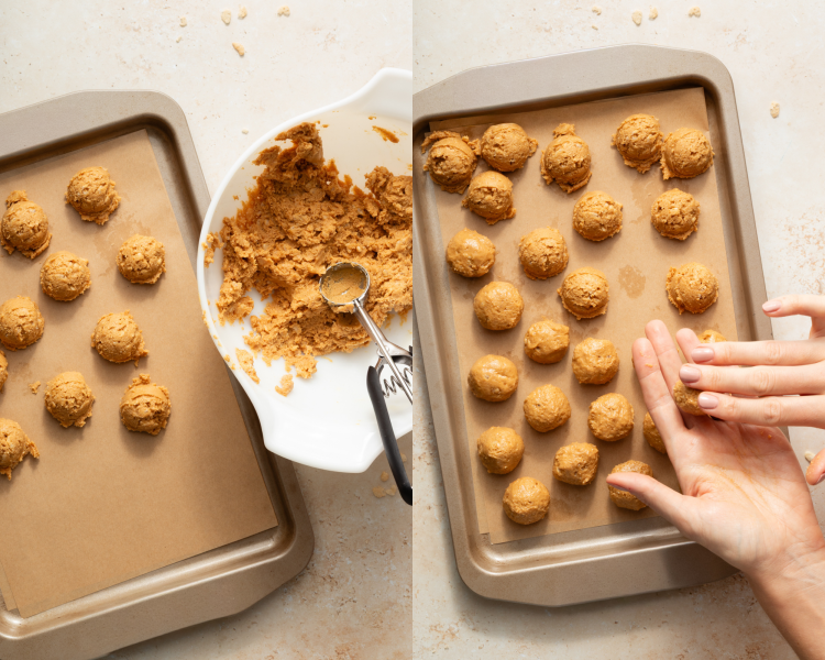 Side-by-side image of scooping peanut butter mixture with cookie scoop then rolling into balls with hands and placing on baking tray.