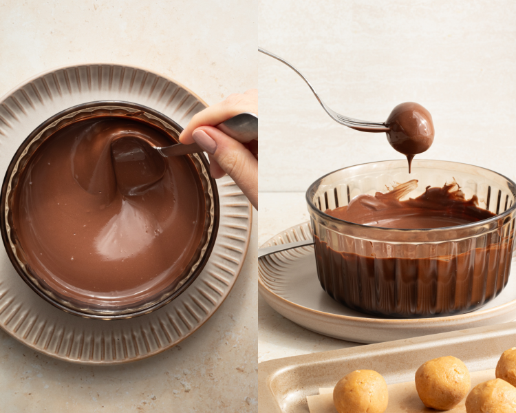 Side-by-side image of melting chocolate wafers in small bowl and dipping peanut butter balls in the chocolate with a fork and letting the excess chocolate drip off.