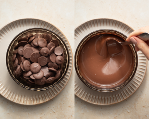 Side-by-side image of chocolate melting wafers in a bowl and melting the chocolate.