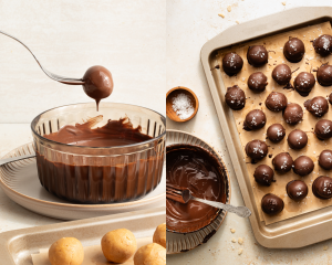 Side-by-side image of dipping peanut butter ball into melted chocolate with a fork and placing on baking tray and sprinkling with flaky salt.