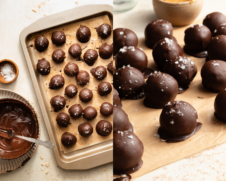 Side-by-side image of peanut butter snack bites dipped in chocolate and placed on parchment-lined baking tray and up-close image of balls once they have chilled in the freezer for the chocolate to harden.