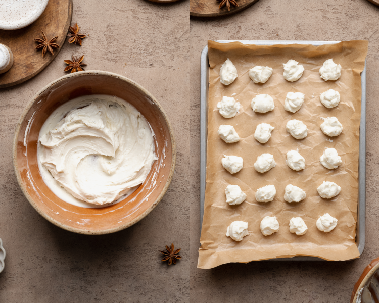 Side-by-side image of mixing all the cheesecake filling ingredients together in a small bowl then putting little balls on a prepared baking sheet to freeze before adding to cookies.