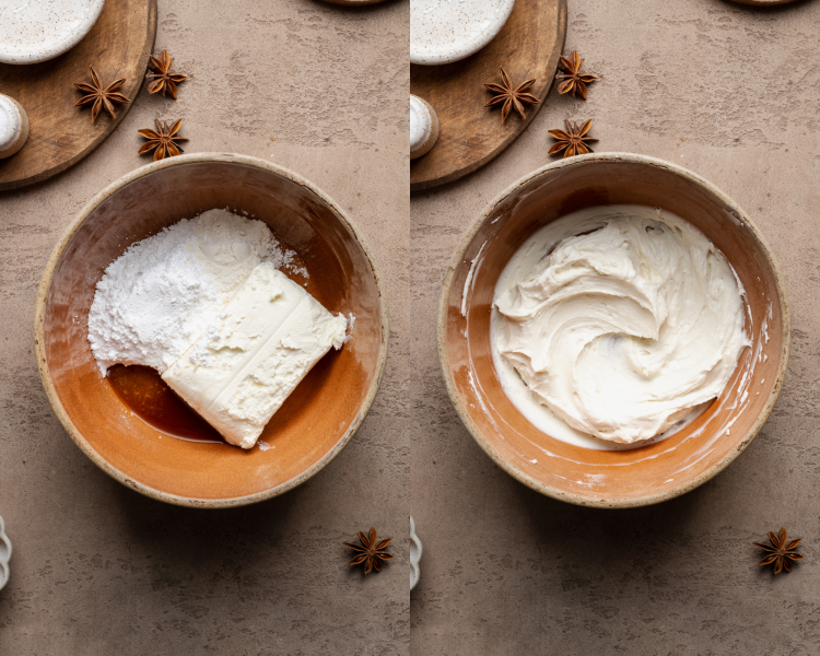 Side-by-side image of ingredients for cheesecake filling in small bowl then mixing together.