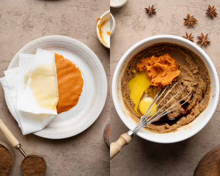 Side-by-side image of blotting the pumpkin with paper towels then mixing in the pumpkin with the rest of the wet ingredients.