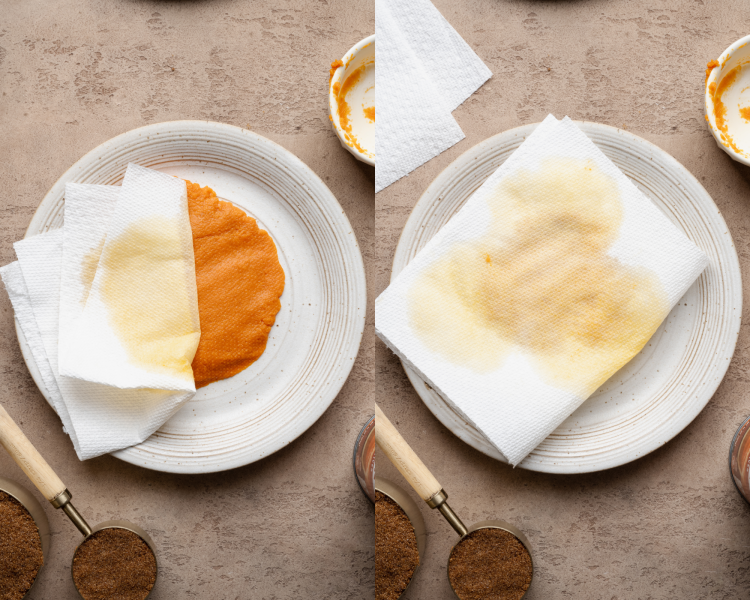 Side-by-side image of blotting the pumpkin puree with paper towels to remove excess moisture.