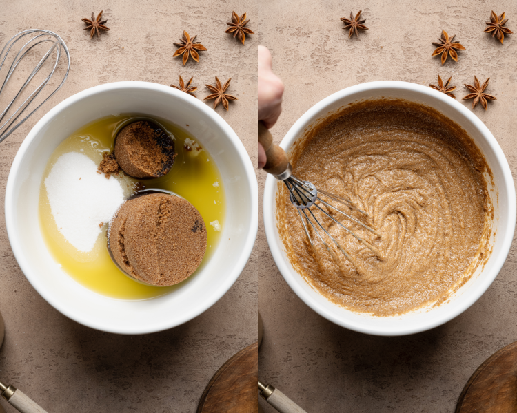 Side-by-side image of showing mixing the butter and sugars together before adding the rest of the wet ingredients.
