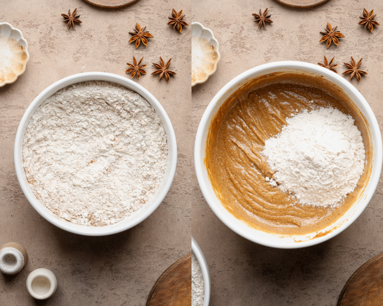 Side-by-side image showing mixing the dry ingredients together then adding them into the wet ingredients.