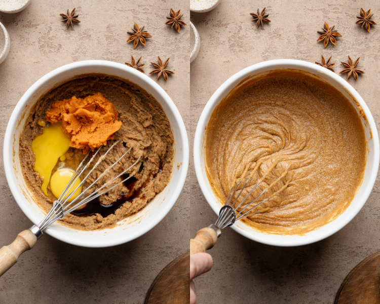 Side-by-side image of mixing the wet ingredients together.