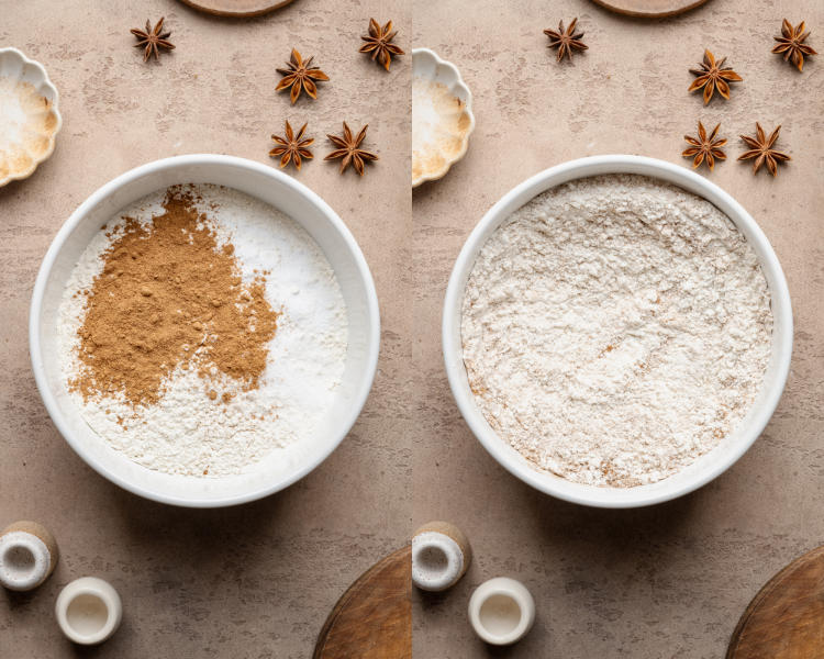 Side-by-side image of mixing dry ingredients together.