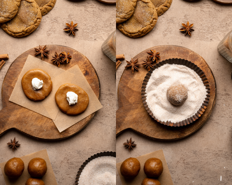 Side-by-side image of showing two cookie dough discs with cheesecake ball in the center then rolling the dough ball in cinnamon sugar mixture.