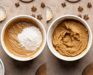 Side-by-side image showing adding the dry ingredients to wet ingredients and combining to form dough.