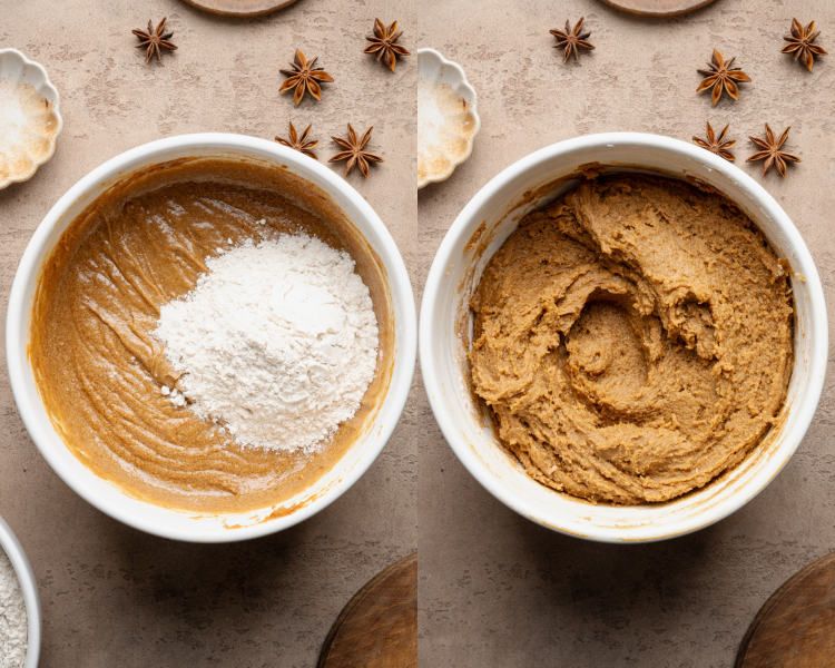 Side-by-side image showing adding the dry ingredients to wet ingredients and combining to form dough.