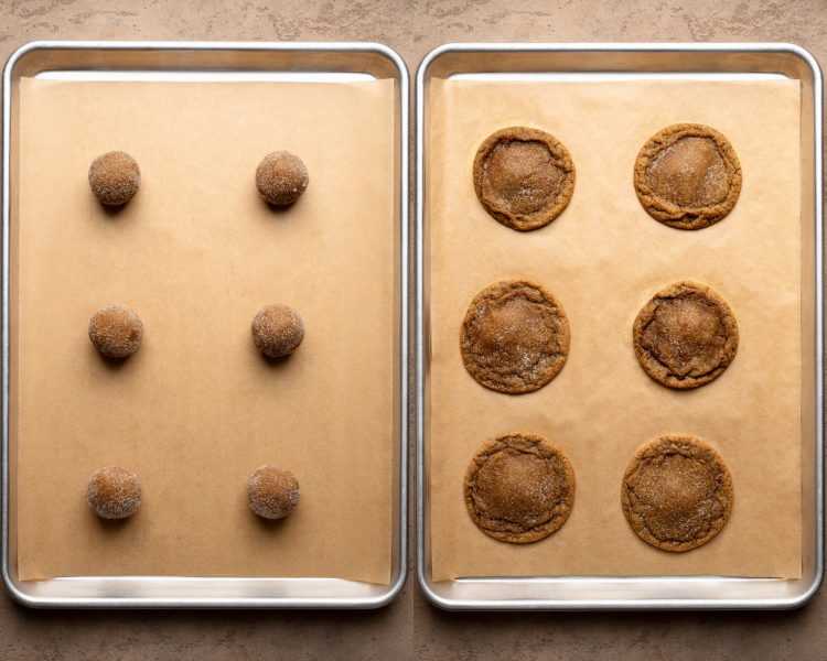 Side-by-side image of rolled cookie dough balls on baking sheet than cookies baked for 11 minutes, until just set.