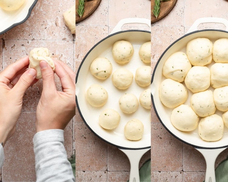 Three side-by-side photos showing dough being shaped into smooth rolls by hand, placed into a round pan, and then puffing up after the second rise.