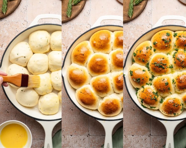 Alt text: Three photos showing rolls brushed with egg wash before baking, baked to a golden-brown color, and finished with melted herb butter and parsley on top.