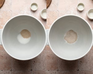 Two side-by-side photos showing instant yeast and sugar added to a large mixing bowl, then lightly stirred together.