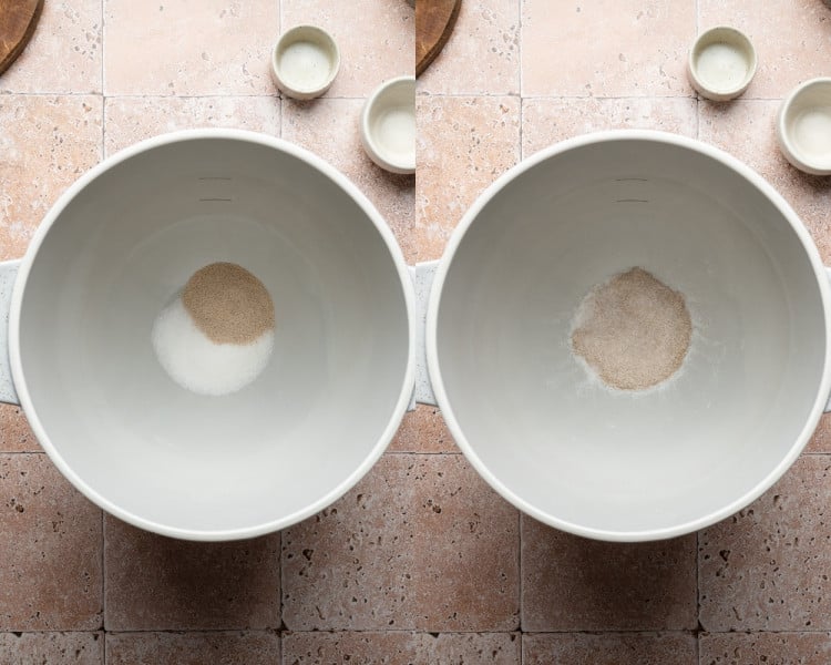 Two side-by-side photos showing instant yeast and sugar added to a large mixing bowl, then lightly stirred together.