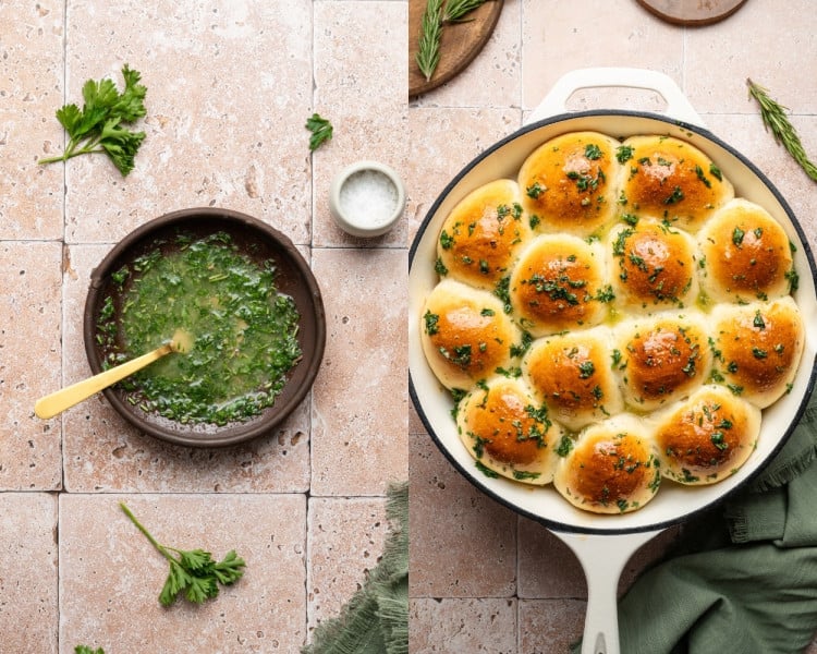 Two side-by-side photos showing a bowl of melted butter mixed with parsley and rosemary, and freshly baked golden rolls brushed with the herb butter and sprinkled with sea salt.