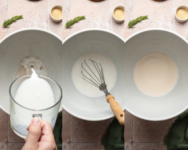 Three photos showing warm milk being poured into the yeast and sugar mixture, whisked together, and becoming foamy.