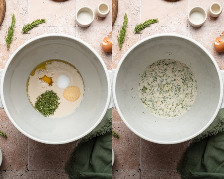 Two side-by-side photos showing egg, butter, salt, garlic powder, and fresh chopped rosemary added to the yeast mixture, then whisked together into a herby batter.