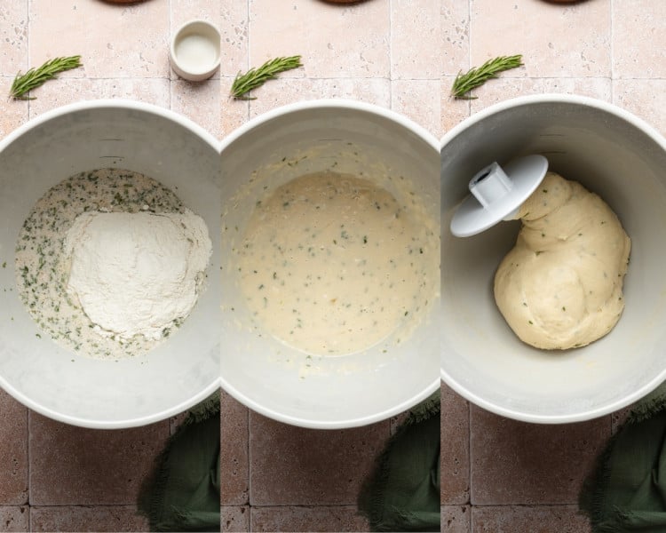Three photos showing bread flour being added to the wet ingredients, the dough beginning to form, and then kneading with a stand mixer dough hook.