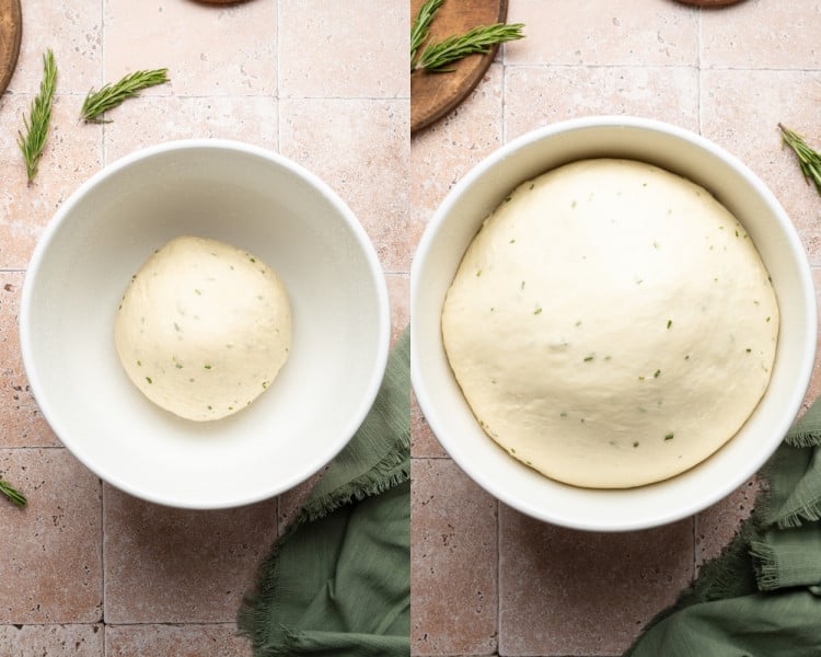 Two photos of the dough in a greased bowl before and after the first rise, showing it doubled in size with specks of fresh rosemary.