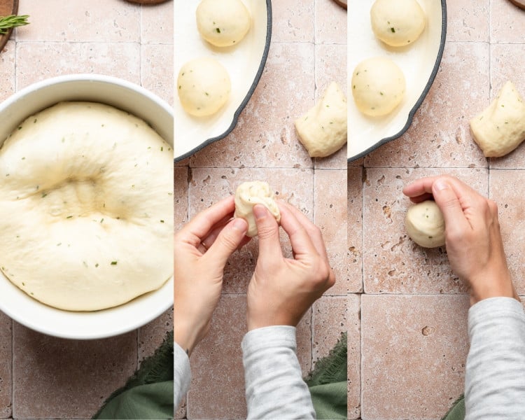 Three photos showing risen dough being punched down, divided into portions, and shaped into smooth round rolls by hand.