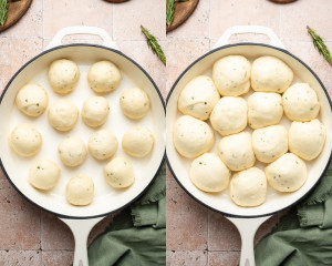 Two side-by-side photos of shaped rolls arranged in a round baking pan before and after the second rise, looking puffier and fuller.
