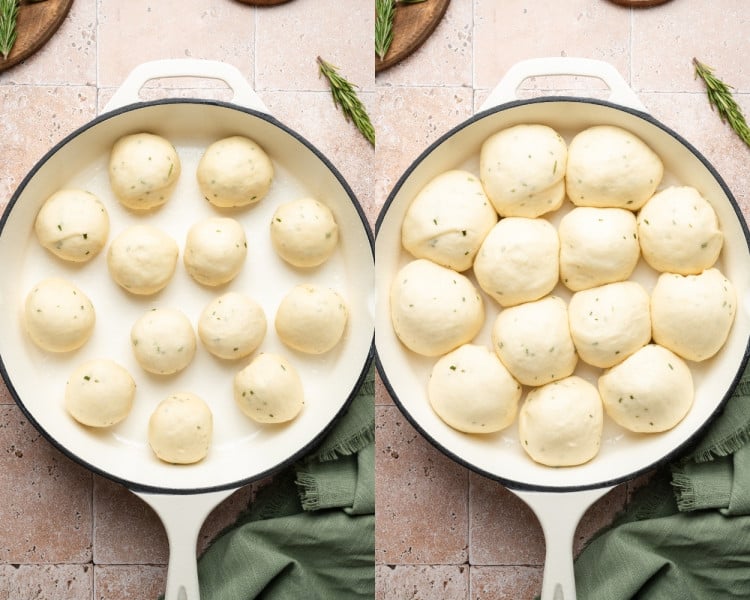 Two side-by-side photos of shaped rolls arranged in a round baking pan before and after the second rise, looking puffier and fuller.