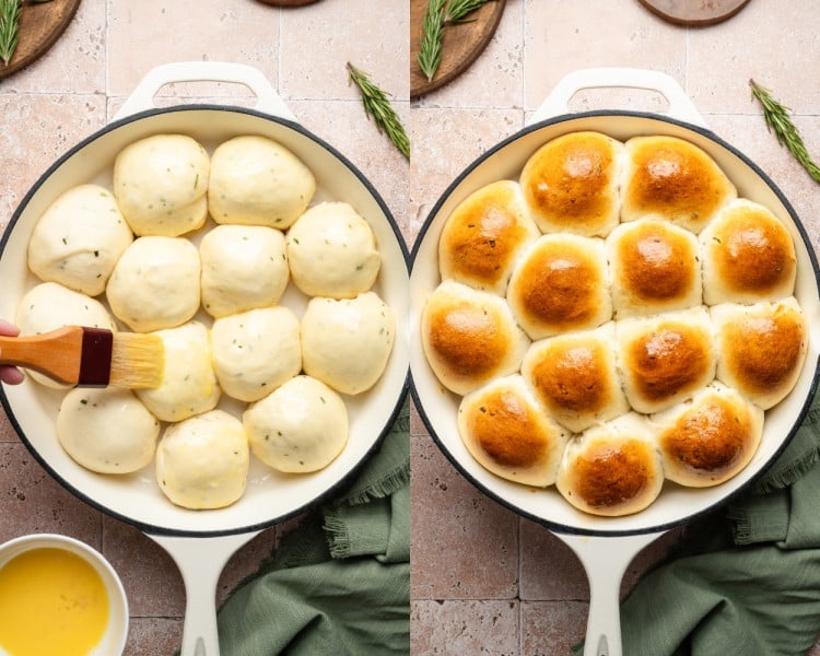 Two photos showing rolls brushed with egg wash before baking, and then baked to a golden-brown finish.