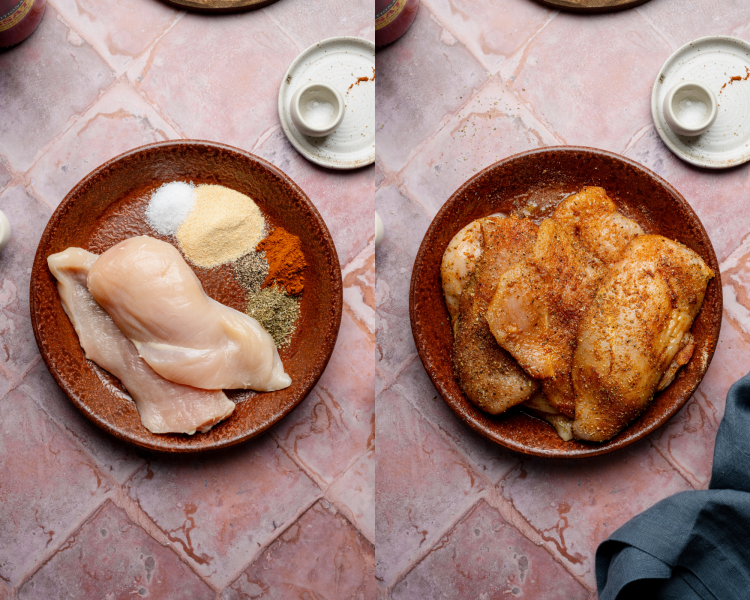Side-by-side image of adding the chicken to bowl with seasonings then mixing until chicken is evenly coated.
