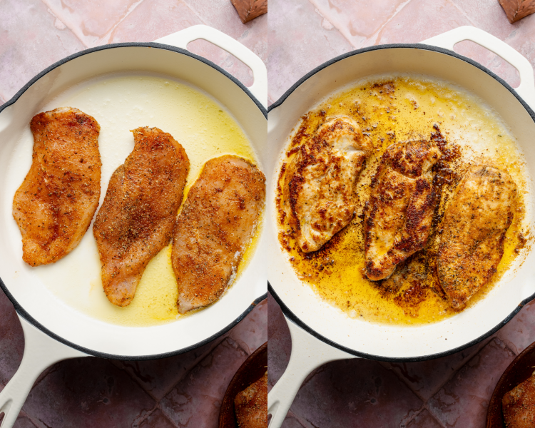 Side-by-side image of adding the seasoned chicken to large skillet with olive oil then cooking for 3-4 minutes on each side.