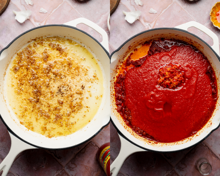 Side-by-side image of sauteing the shallot and garlic in olive oil in pan then adding the tomato products.