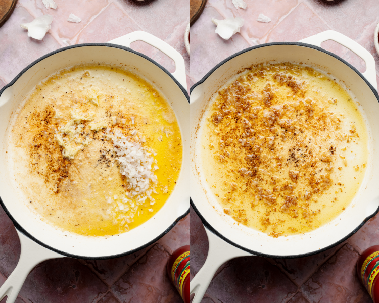 Side-by-side image of adding the shallot and garlic to olive oil in large skillet then cooking until fragrant.