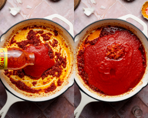 Side-by-side image of adding the passata sauce to the skillet then adding the chili paste and tomato paste.
