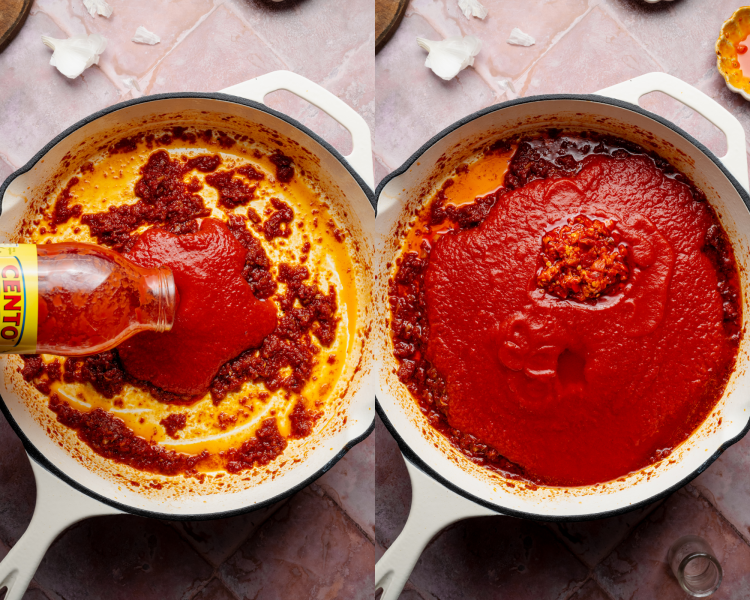 Side-by-side image of adding the passata sauce to the skillet then adding the chili paste and tomato paste.