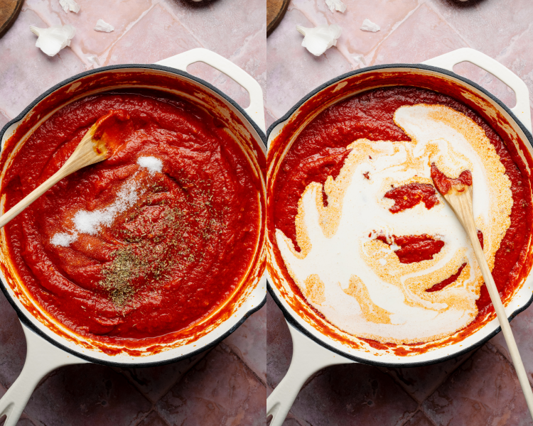 Side-by-side image of adding seasonings to tomato sauce then adding the heavy cream.