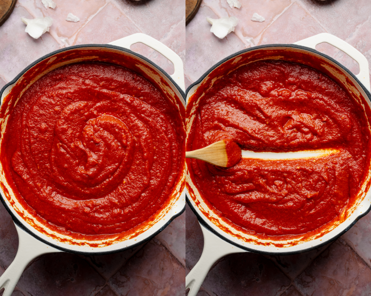 Side-by-side image of letting the tomato sauce simmer then scraping with wooden spoon to see if it's ready to add the rest of the ingredients.