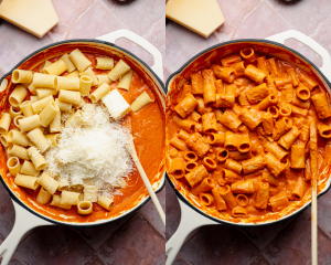 Side-by-side image of adding pasta, parmesan cheese and butter to vodka sauce then stirring together with wooden spoon.