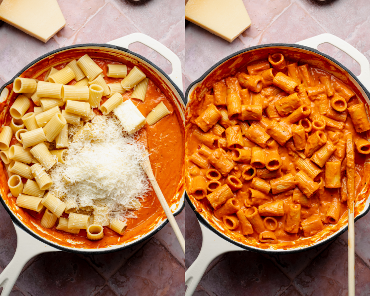 Side-by-side image of adding pasta, parmesan cheese and butter to vodka sauce then stirring together with wooden spoon.