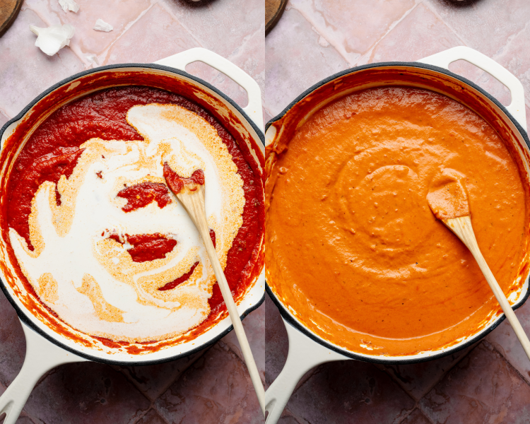 Side-by-side image of adding heavy cream to tomato sauce then stirring together with a wooden spoon.