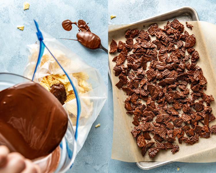 Side-by-side image of pouring melted chocolate into ziplock bag with crushed potato chips and pouring coated chips on a tray to let chocolate harden.