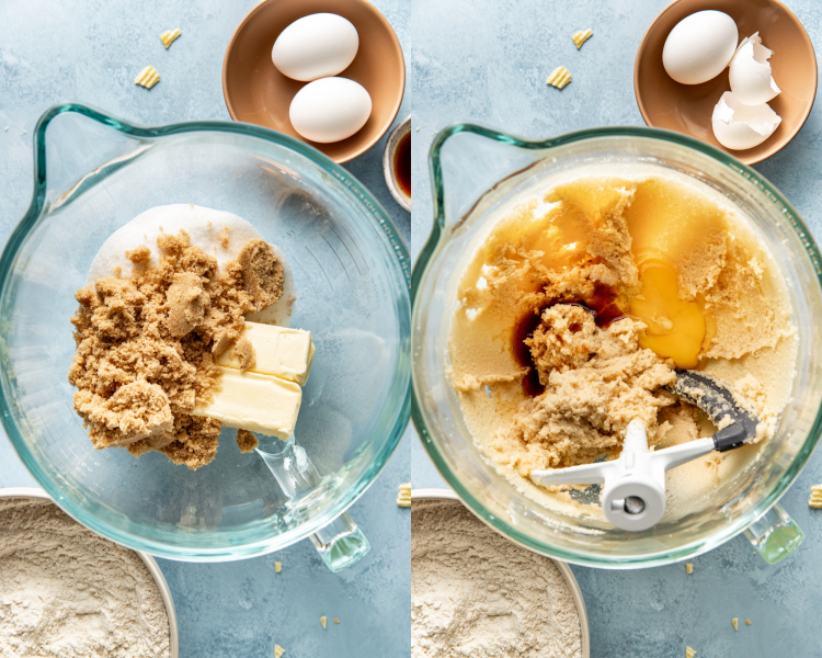 Side-by-side image of adding butter and sugars to mixing bowl then adding eggs and vanilla.