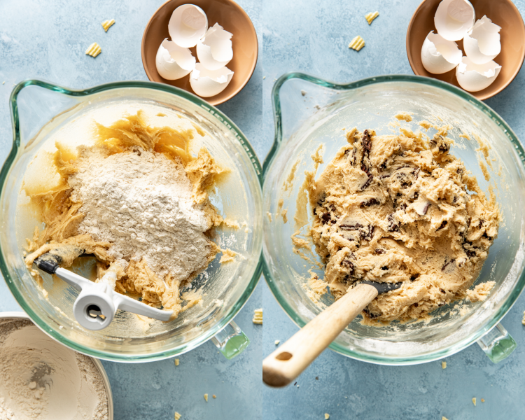 Side-by-side image of adding dry ingredients to wet ingredients then mixing in the chocolate covered potato chips.