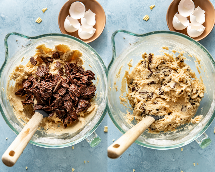 Side-by-side image of adding the chocolate covered chips to the mixing bowl and gently combining.