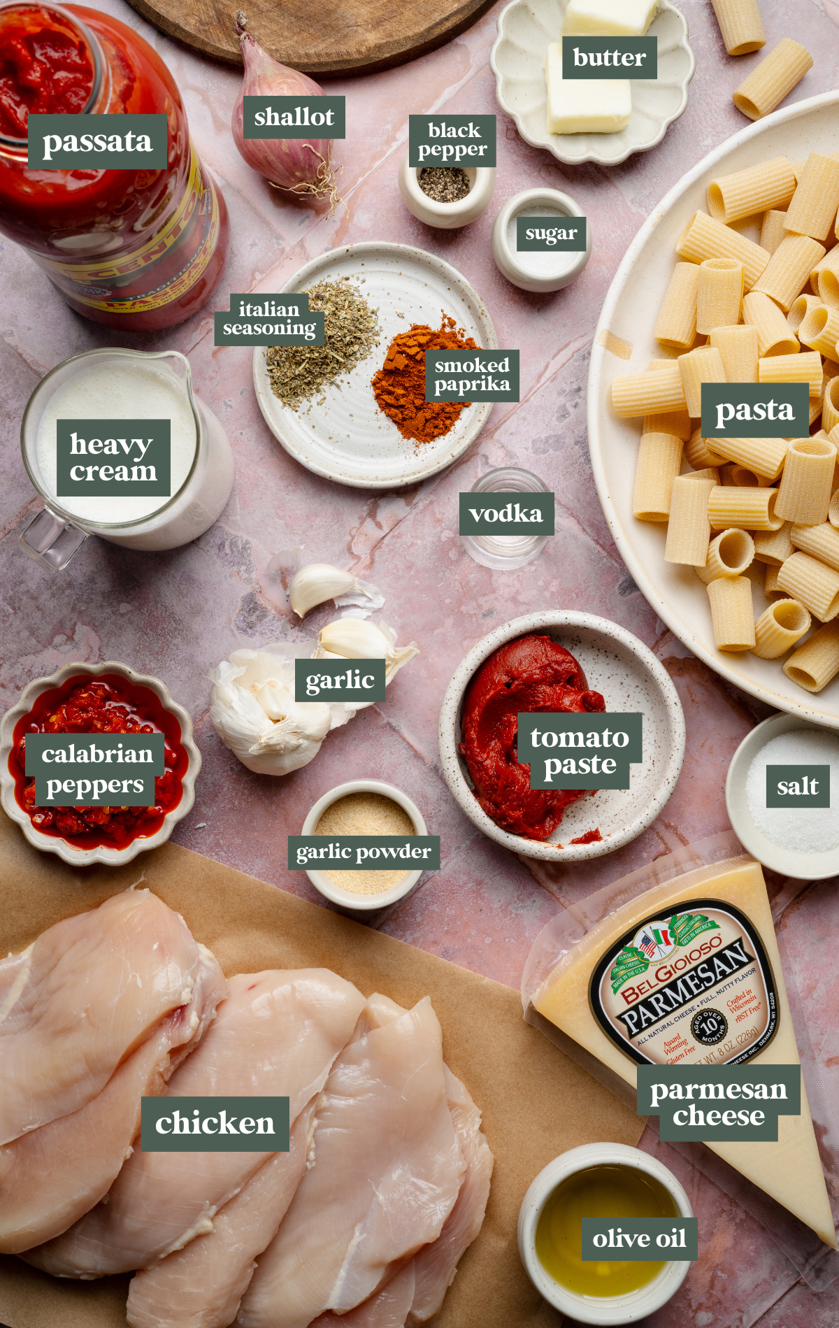Labeled ingredients for spicy vodka pasta.
