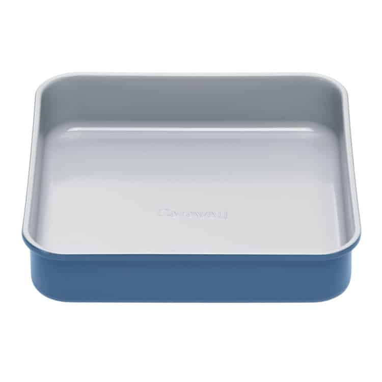 Blue and silver Caraway brand 9 inch square pan with rounded corners
