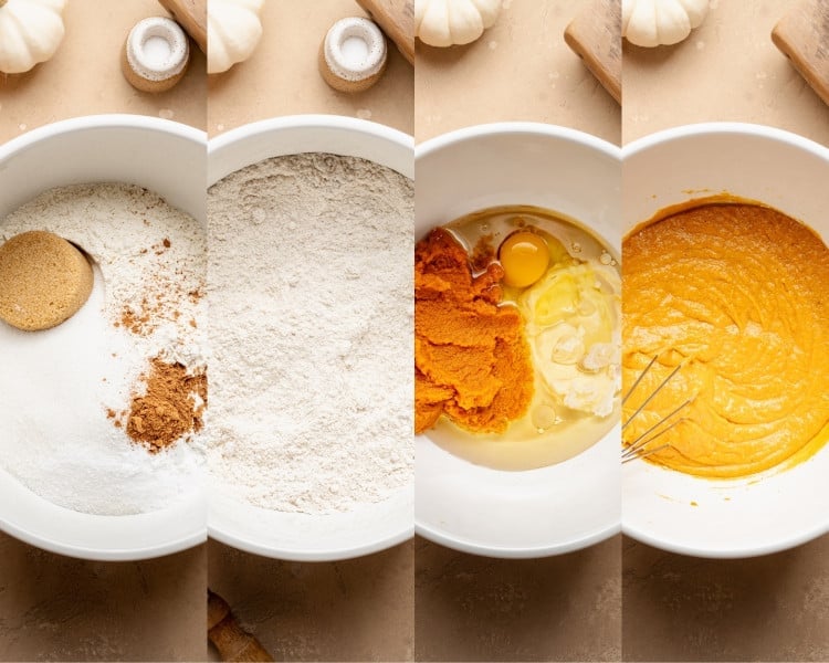 A collage of four bowls showing the cake batter process. The first bowl has flour, sugars, leaveners, and spice. The second bowl shows the dry ingredients whisked together. The third bowl holds pumpkin puree, egg, oil, sour cream, milk, and vanilla before mixing. The fourth bowl shows the wet ingredients whisked into a smooth, bright orange pumpkin mixture.